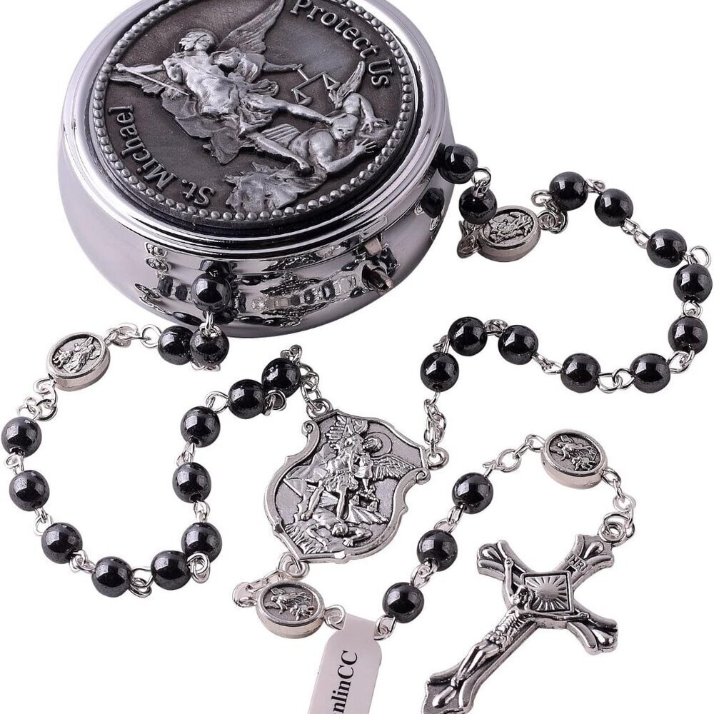 Durable Saint Michael Rosary Necklace in Hematite with Stunning Gift Box